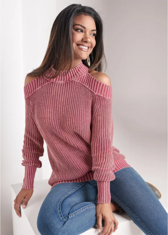 Cold Shoulder Mock Neck Sweater - Pink sold by VENUS