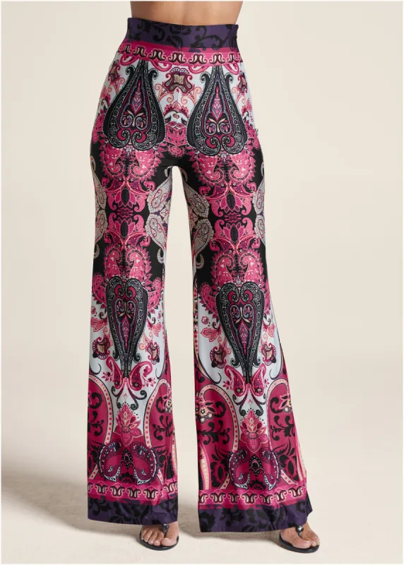 Wide Leg Paisley Print Pant - Pink Multi made by VENUS
