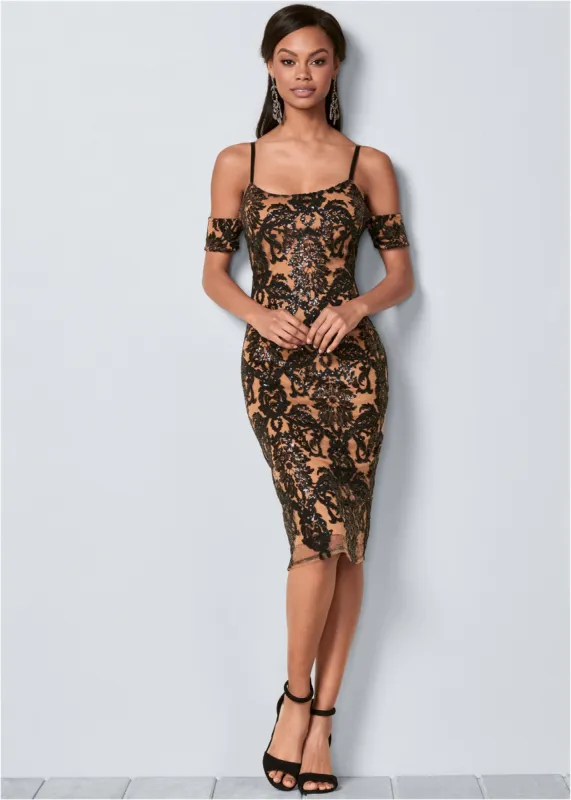 Sequin Cold-Shoulder Dress - Black Multi sold by VENUS