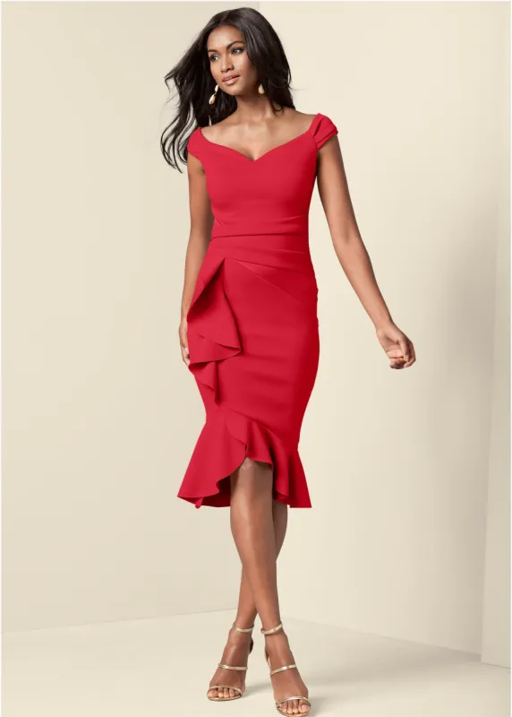 Ruffle Detail Dress - Red sold by VENUS