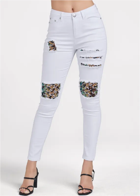 Sequin Patch Skinny Jeans - White Denim sold by VENUS