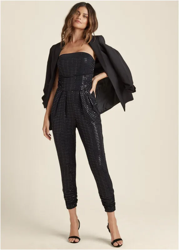 Ruched Sequin Jumpsuit - Black sold by VENUS