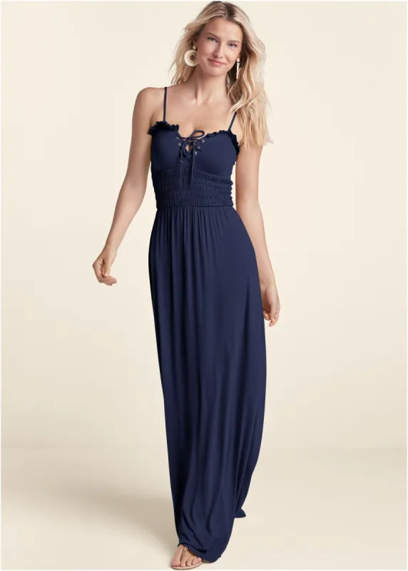 Smocked Lace-Up Dress - Navy sold by VENUS