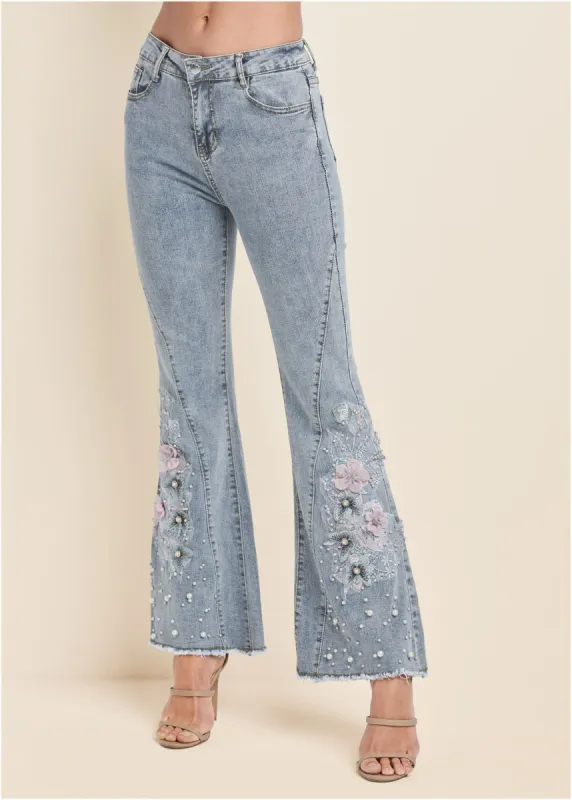 Floral Applique Jeans - Light Wash sold by VENUS