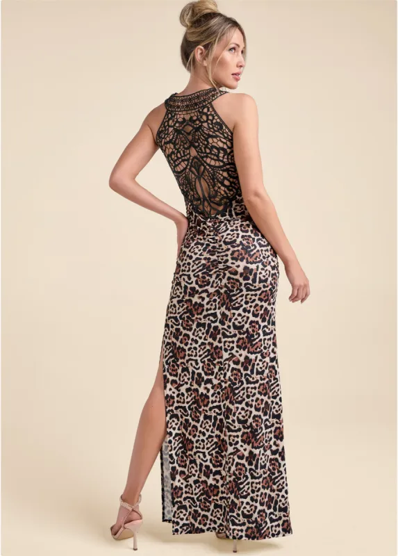 Crochet Back Leopard Dress - Off White Multi sold by VENUS