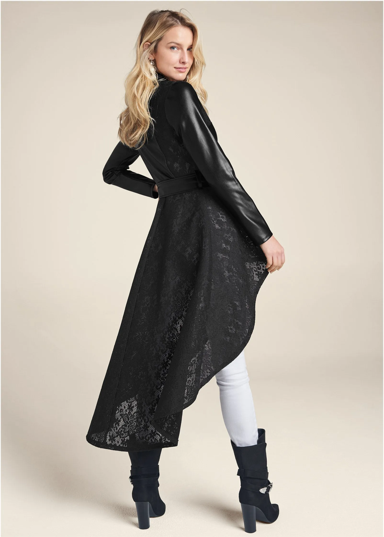 Faux Leather And Lace Detail Trench Coat - Black sold by VENUS product image thumbnail 2