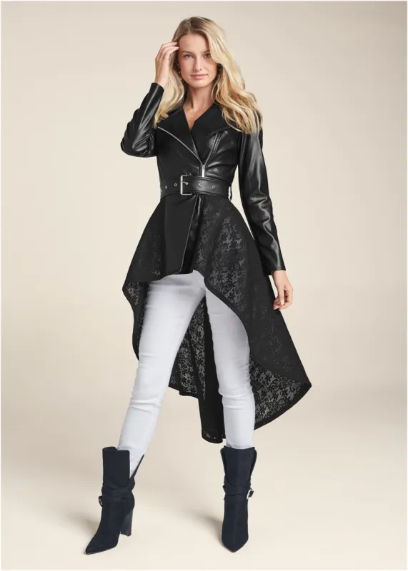 Faux Leather And Lace Detail Trench Coat - Black sold by VENUS