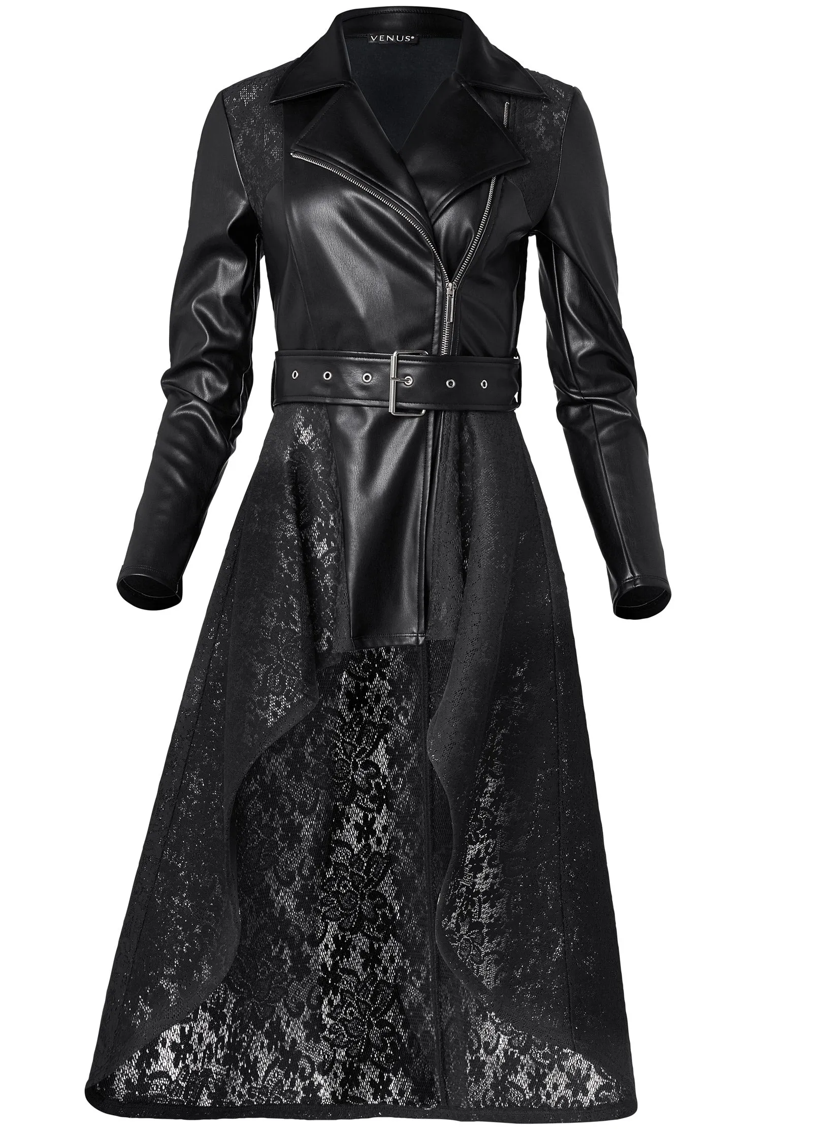 Faux Leather And Lace Detail Trench Coat - Black sold by VENUS product image thumbnail 5