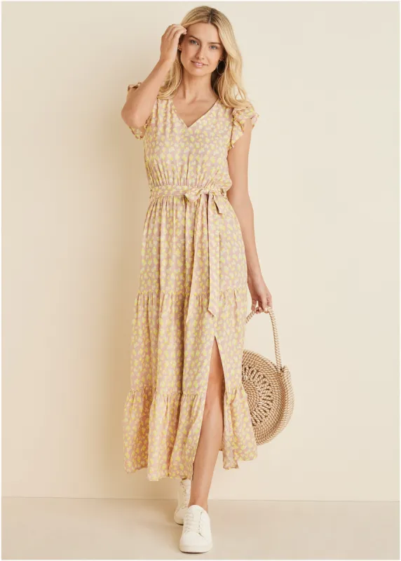 Flutter Sleeve Maxi Dress - Peach & White sold by VENUS