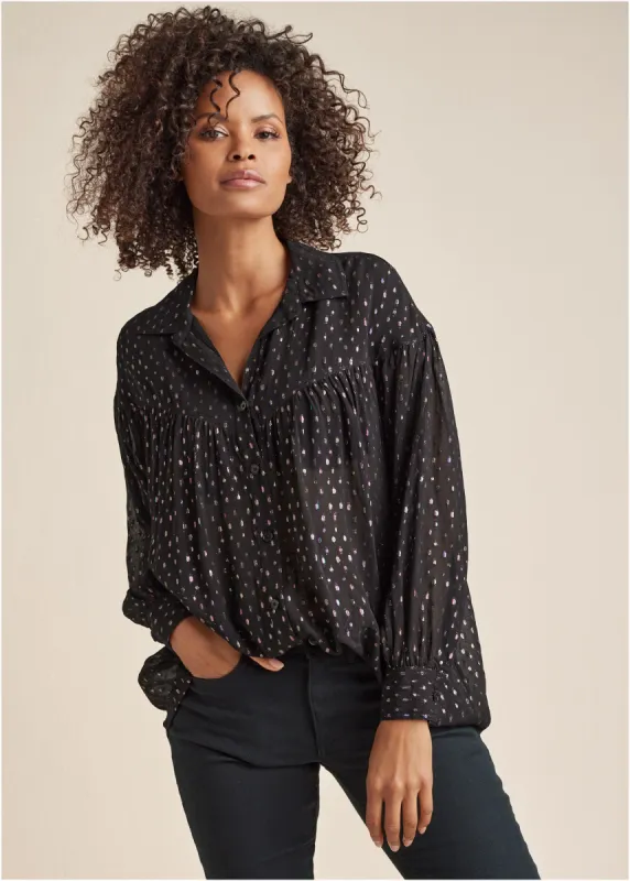 Metallic Button Front Top - Black Multi sold by VENUS