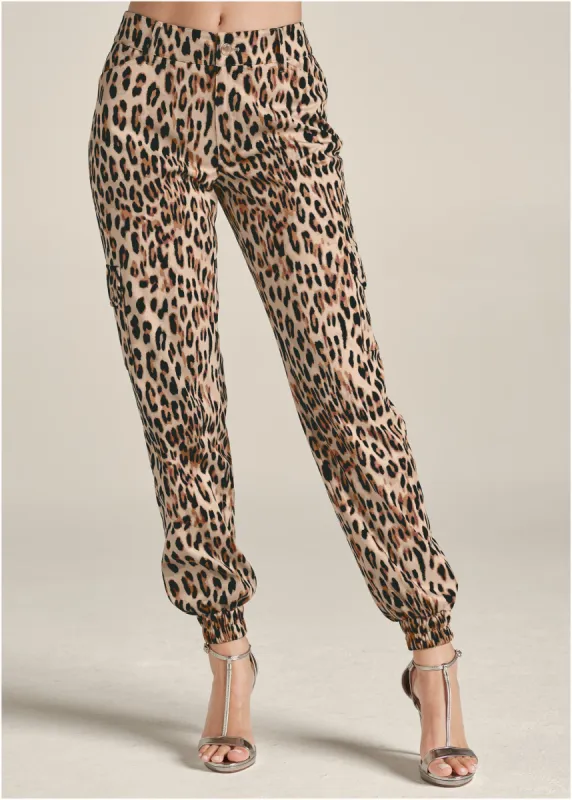 Faux Suede Leopard Print Cargo Pants - Brown Multi sold by VENUS