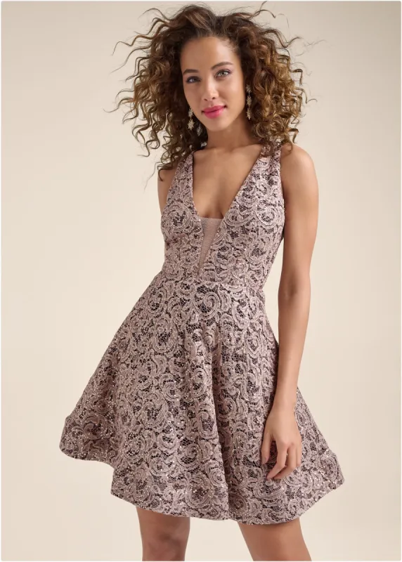 Sequin Lace A-Line Dress - Black & Taupe sold by VENUS