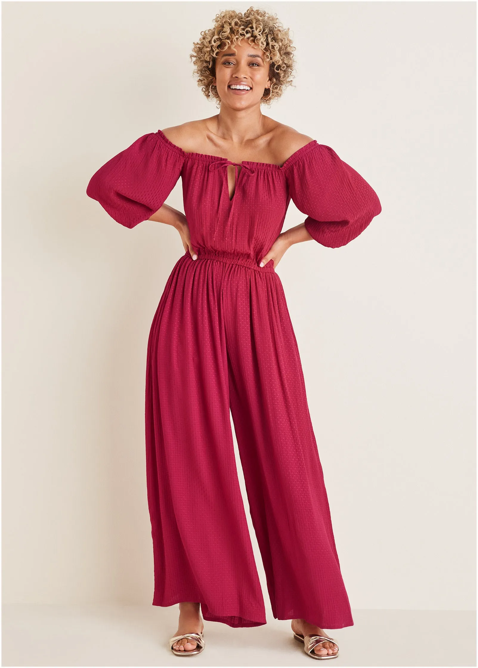 Off-The-Shoulder Jumpsuit - Red sold by VENUS