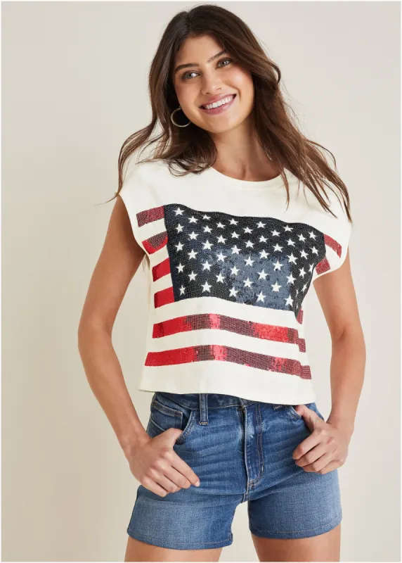 Stars And Stripes Sequin Top - Off White sold by VENUS