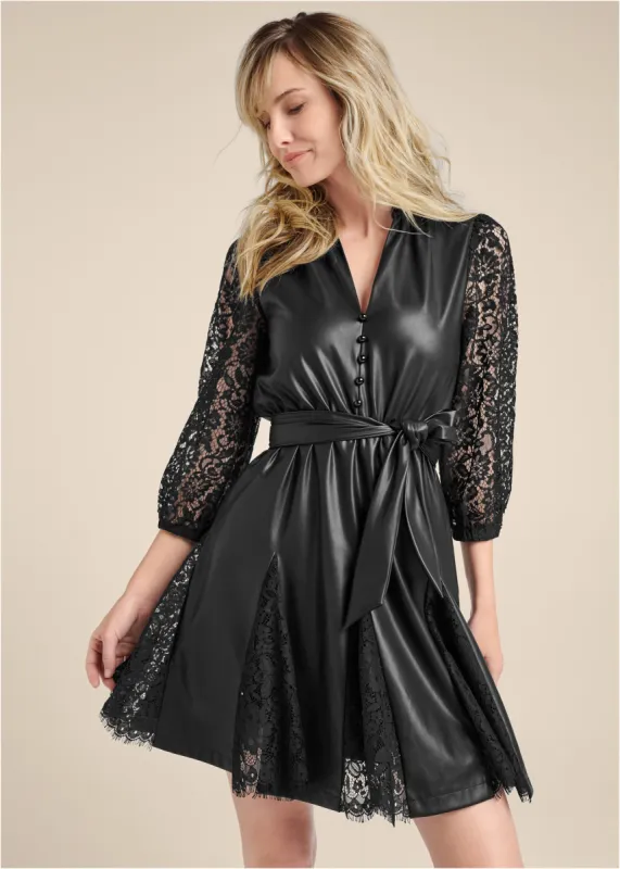 Faux-Leather And Lace Dress - Black made by VENUS