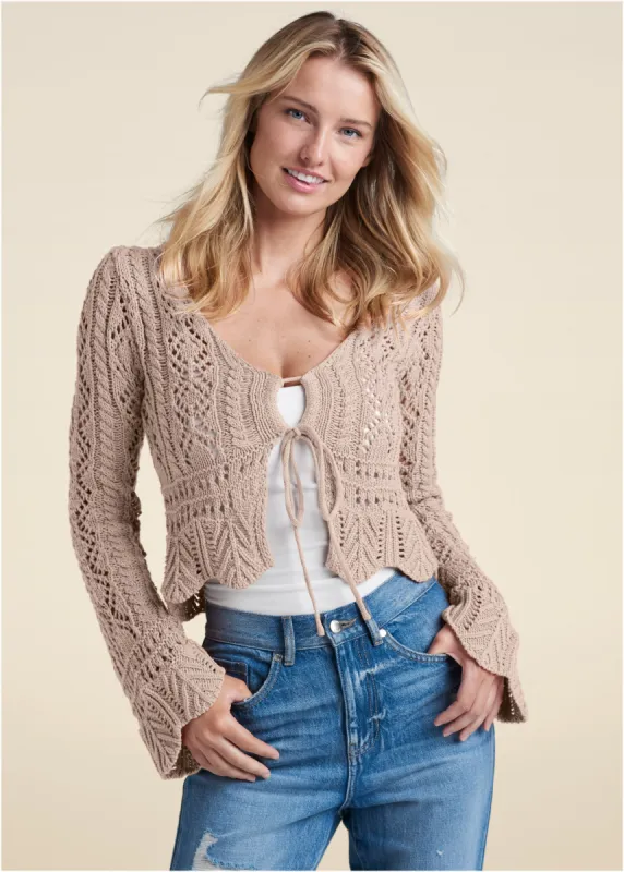 Tie Front Cropped Crochet Cardigan - Taupe sold by VENUS