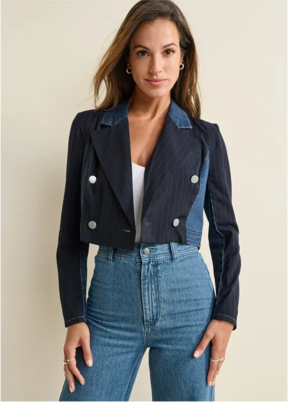 Tweed Denim Mixed Blazer - Medium Wash sold by VENUS