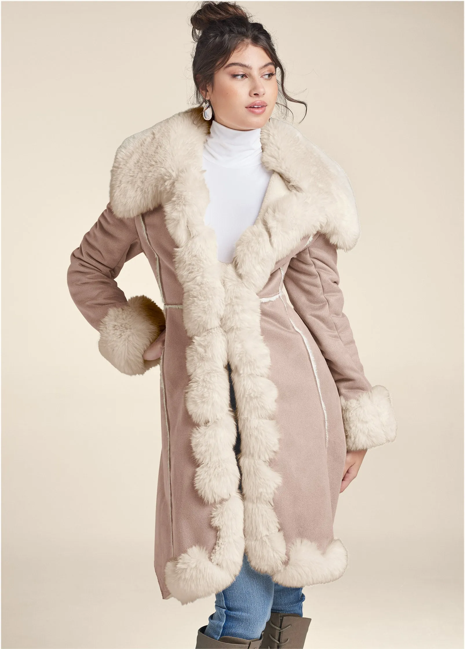 Faux-Suede-And-Fur Coat - Taupe & Off White sold by VENUS
