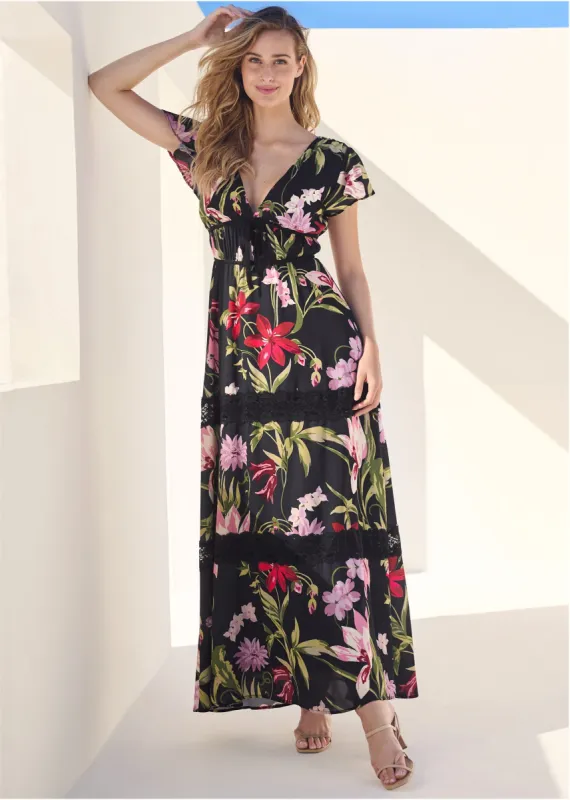 Lace Trim Maxi Dress - Black Multi sold by VENUS