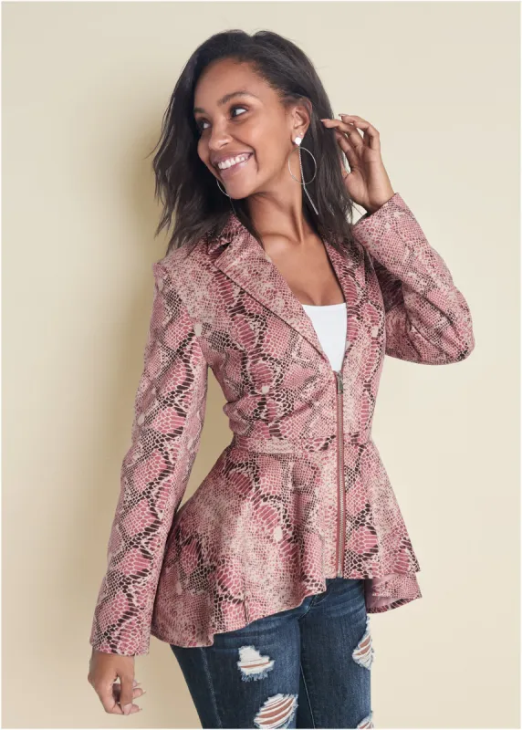 Python Print Hi-Low Faux Suede Jacket - Pink Multi sold by VENUS