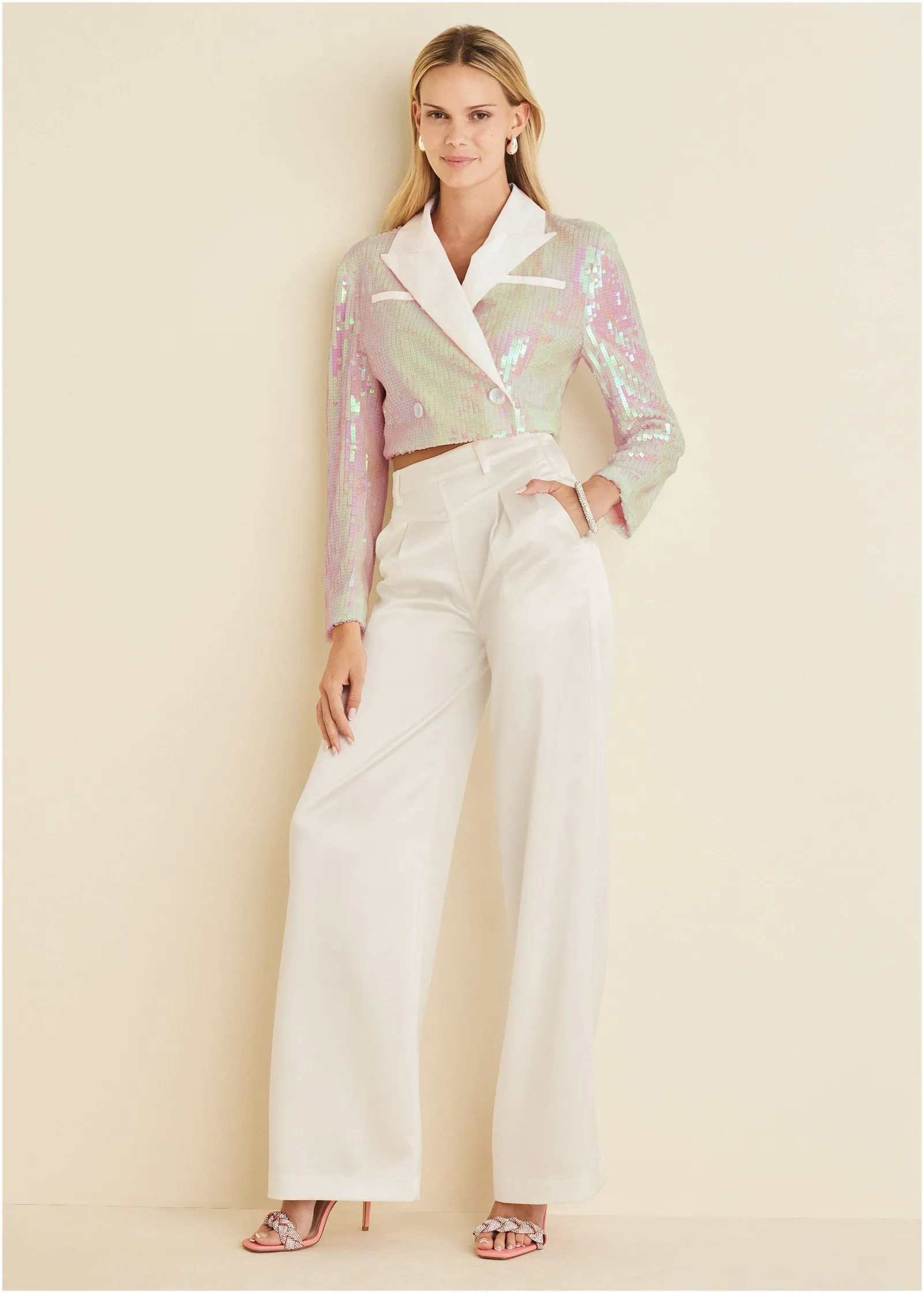 Cropped Sequin Blazer - Pearl White sold by VENUS