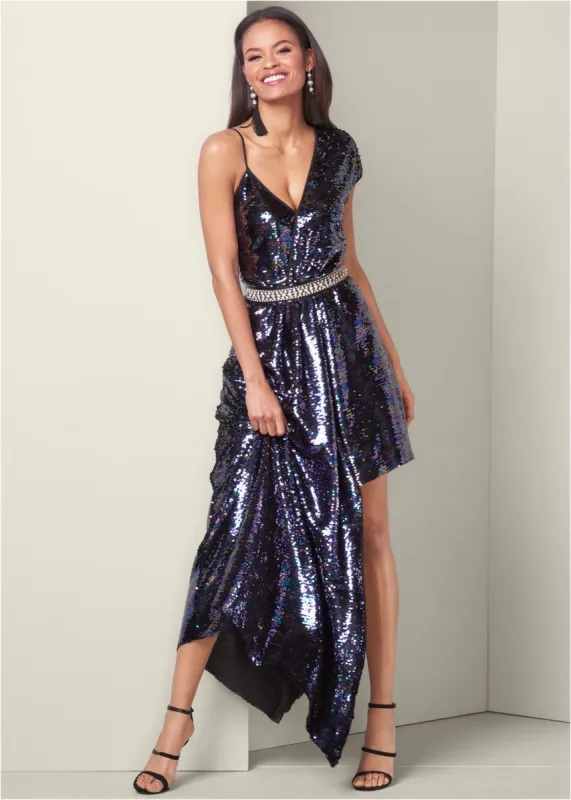 Sequin high low dress - Black Multi sold by VENUS