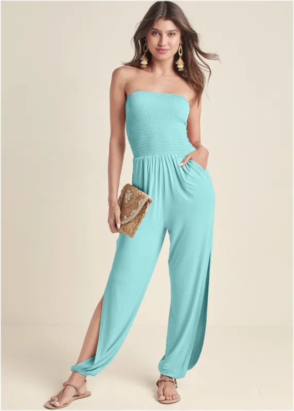Smocked Side Slit Jumpsuit - Mint sold by VENUS