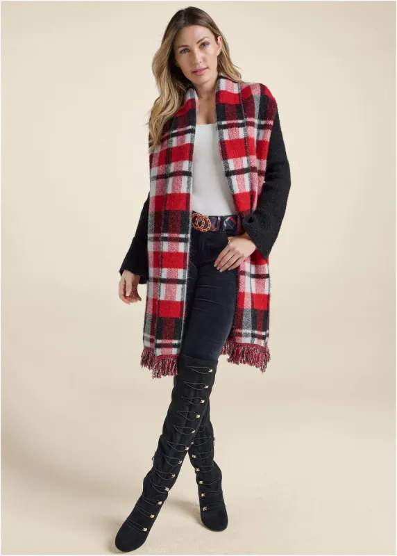 Plaid Fringe Duster - Black Multi made by VENUS