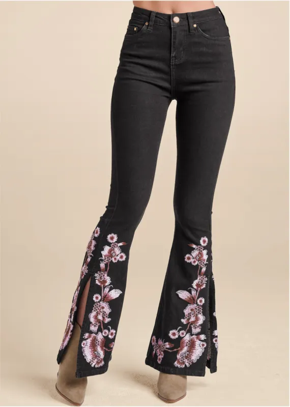 Slit Flare Floral Jeans - Black Denim sold by VENUS