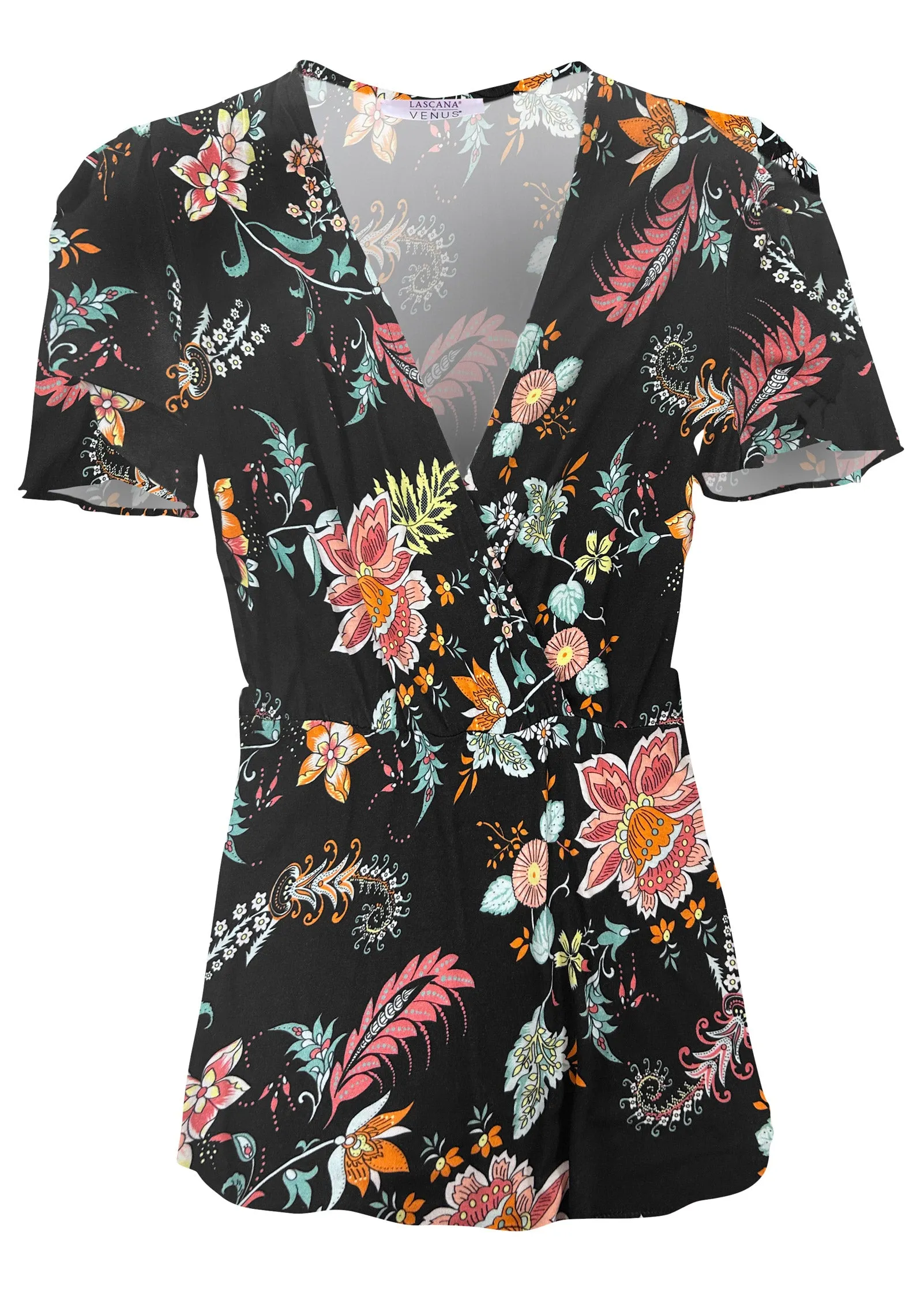 Flutter Sleeve Wrap Top - Black & Coral sold by VENUS product image thumbnail 2