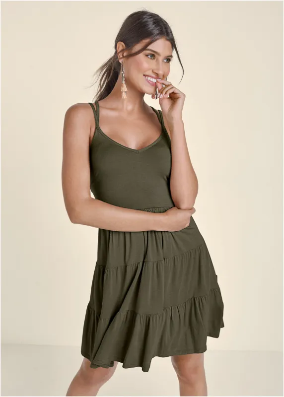 Tiered Strappy Mini Dress - Olive made by VENUS