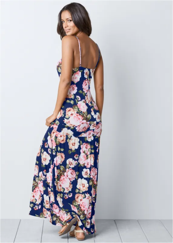 Button-Front Maxi Dress - Navy Multi sold by VENUS