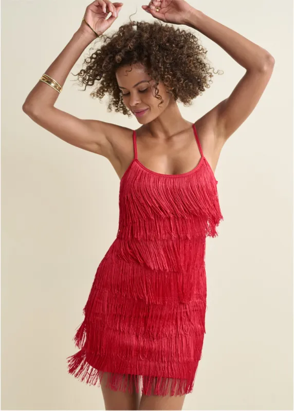 Tiered Fringe Mini Dress - Red sold by VENUS
