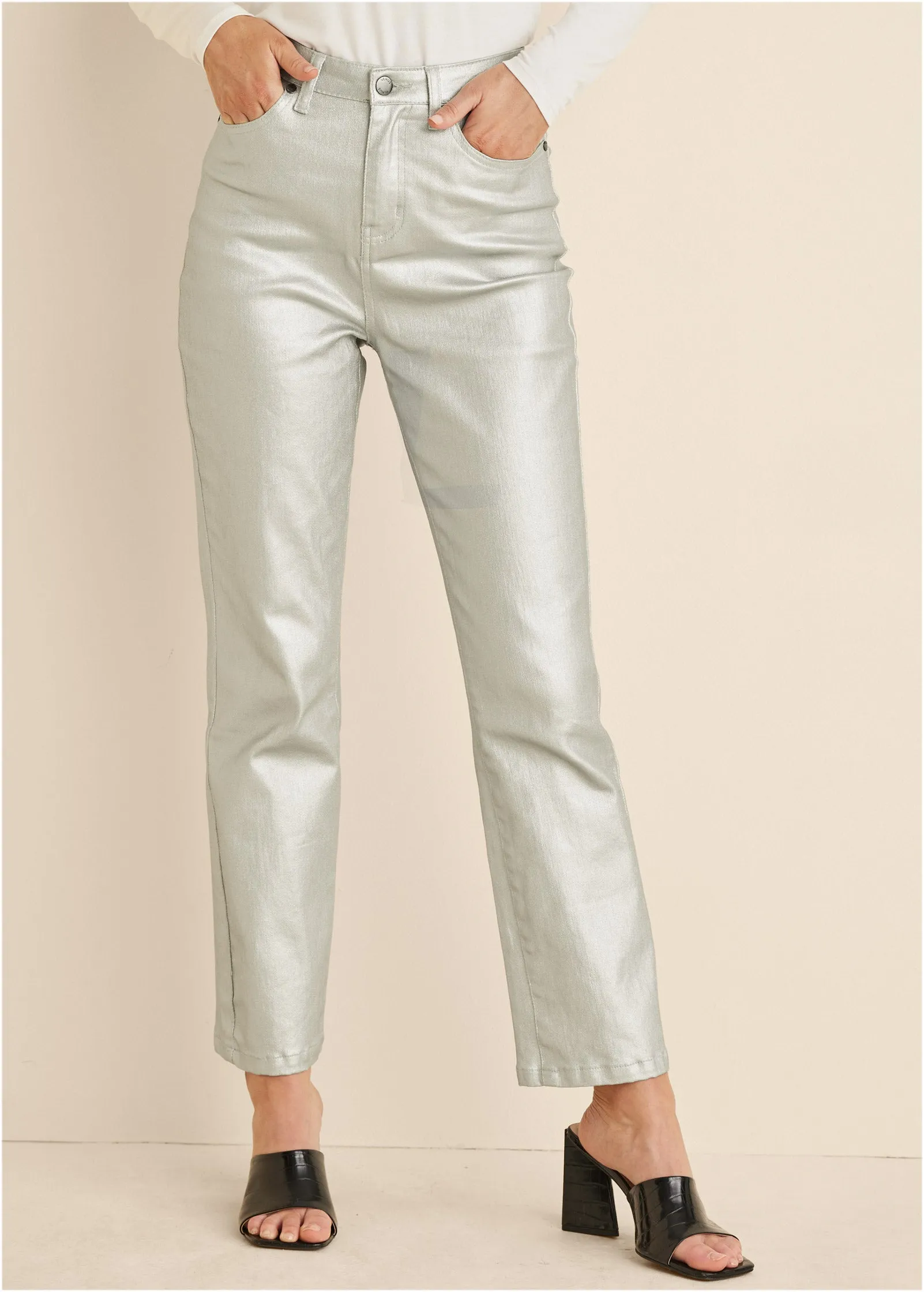 Metallic Straight Leg Jeans - Silver Metallic sold by VENUS