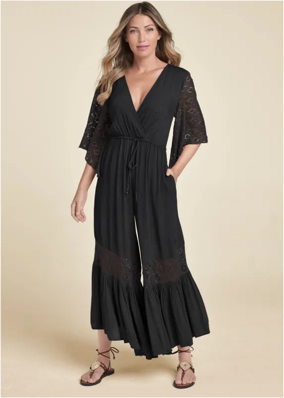 Wide Leg Lace Trim Jumpsuit - Black sold by VENUS