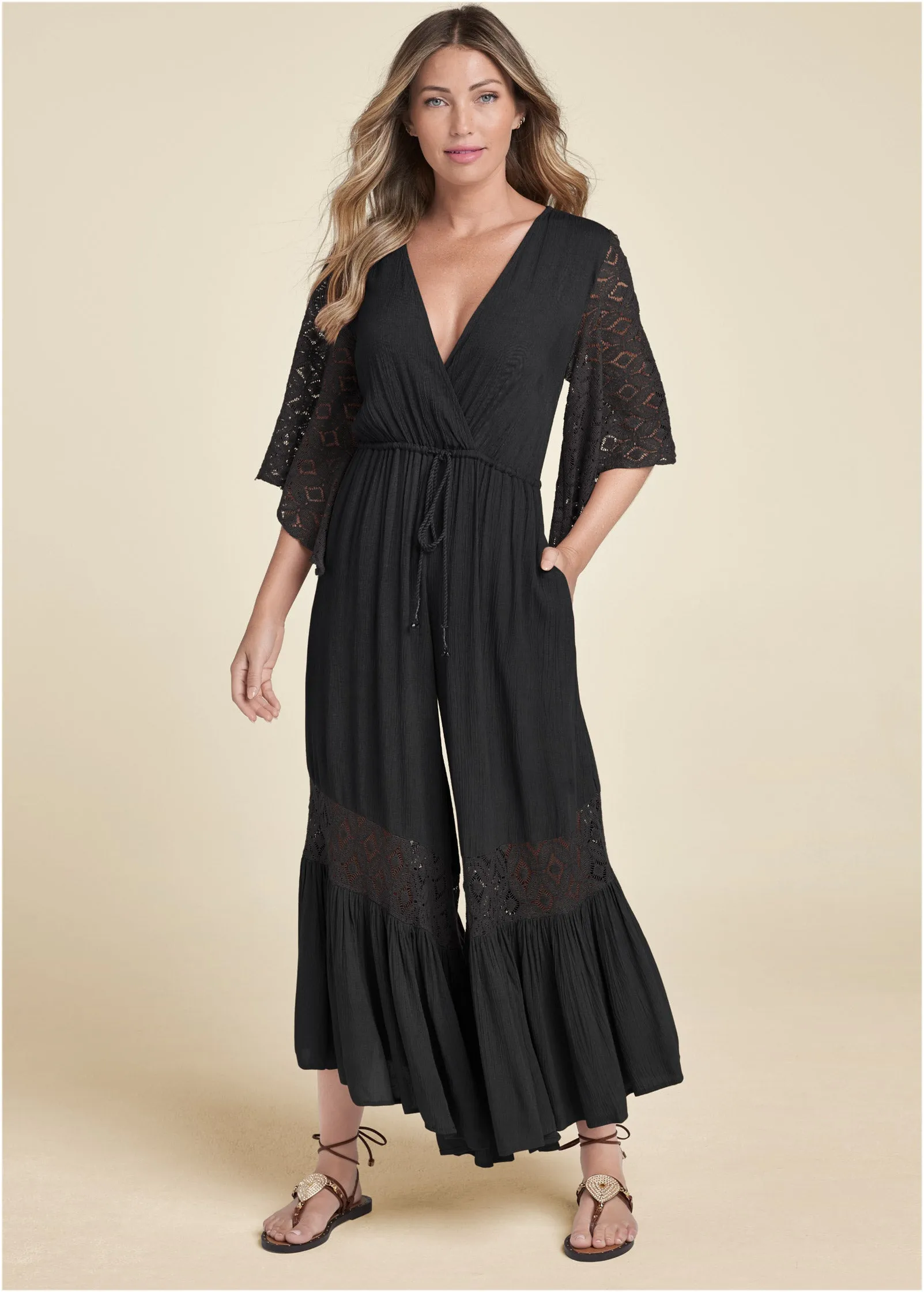 Wide Leg Lace Trim Jumpsuit - Black sold by VENUS
