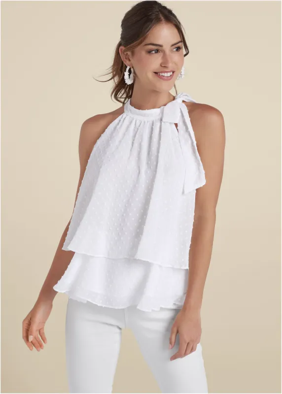 Swiss Dot Mock-Neck Top - White sold by VENUS