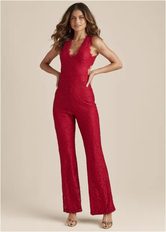 Open Back Lace Jumpsuit - Red sold by VENUS