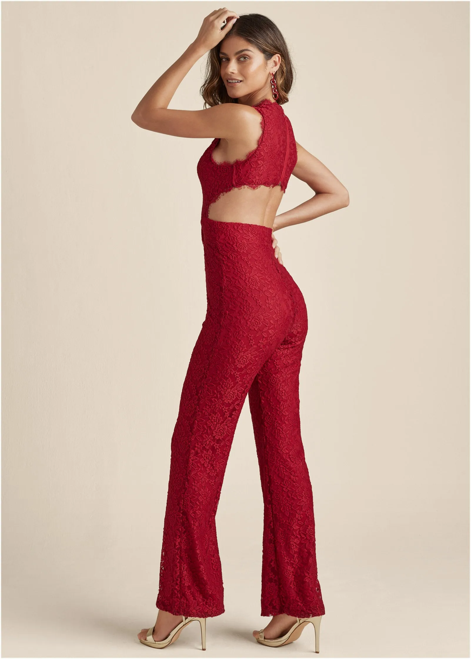 Open Back Lace Jumpsuit - Red sold by VENUS product image thumbnail 3