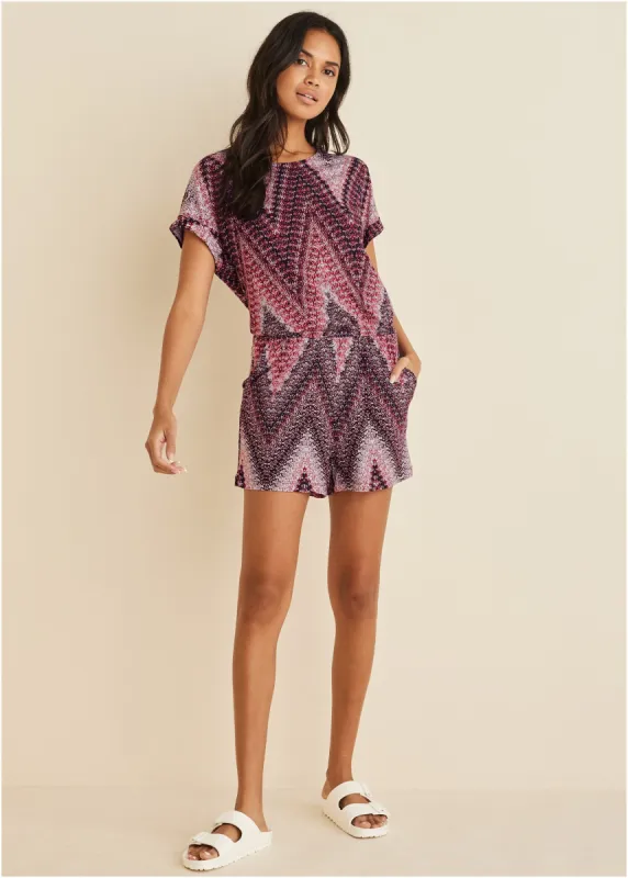 Open Back Romper - Burgundy Multi sold by VENUS