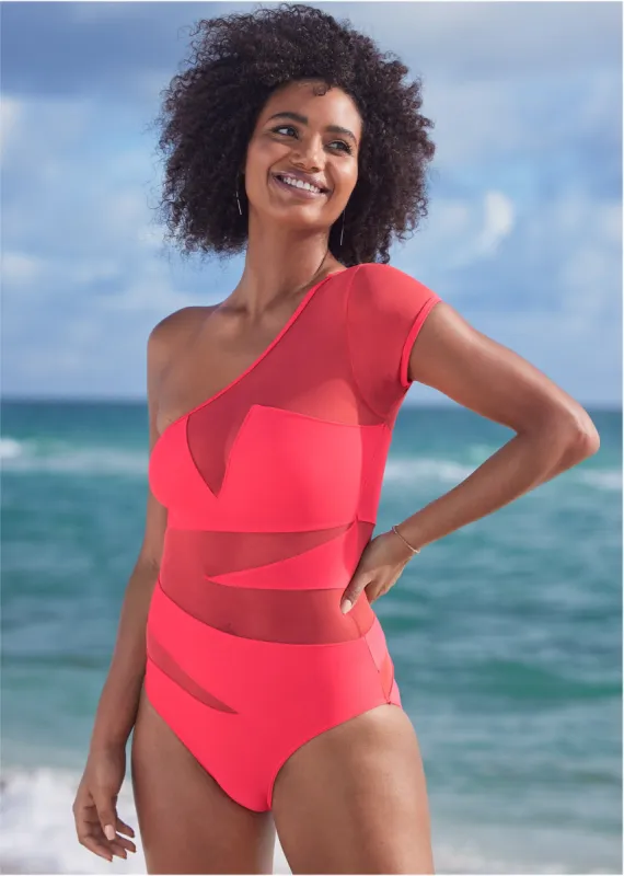Asymmetrical Mesh One-Piece - Sunset Pink sold by VENUS