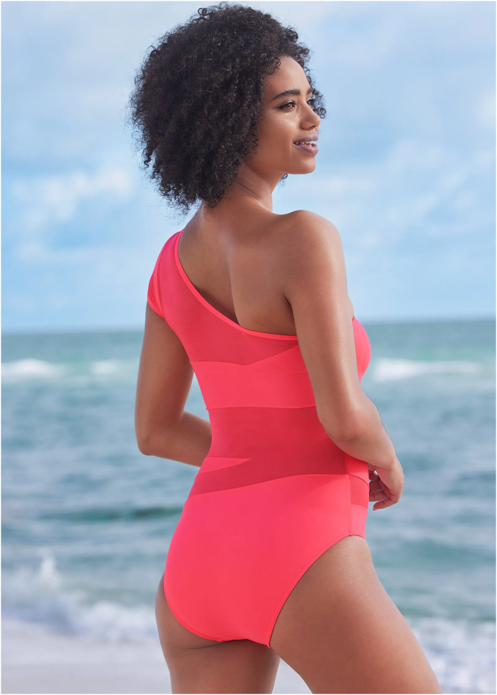 Asymmetrical Mesh One-Piece - Sunset Pink sold by VENUS product image thumbnail 2