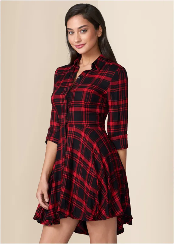Plaid High Low Dress - Red Multi made by VENUS