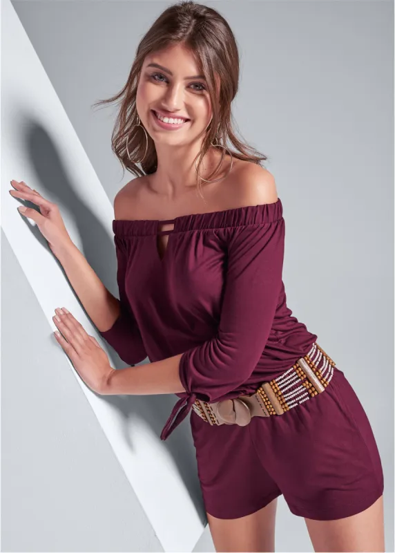 Off-The-Shoulder Romper - Dark Red sold by VENUS