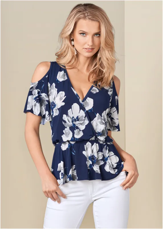 Cold-Shoulder Print Top - Navy Multi sold by VENUS