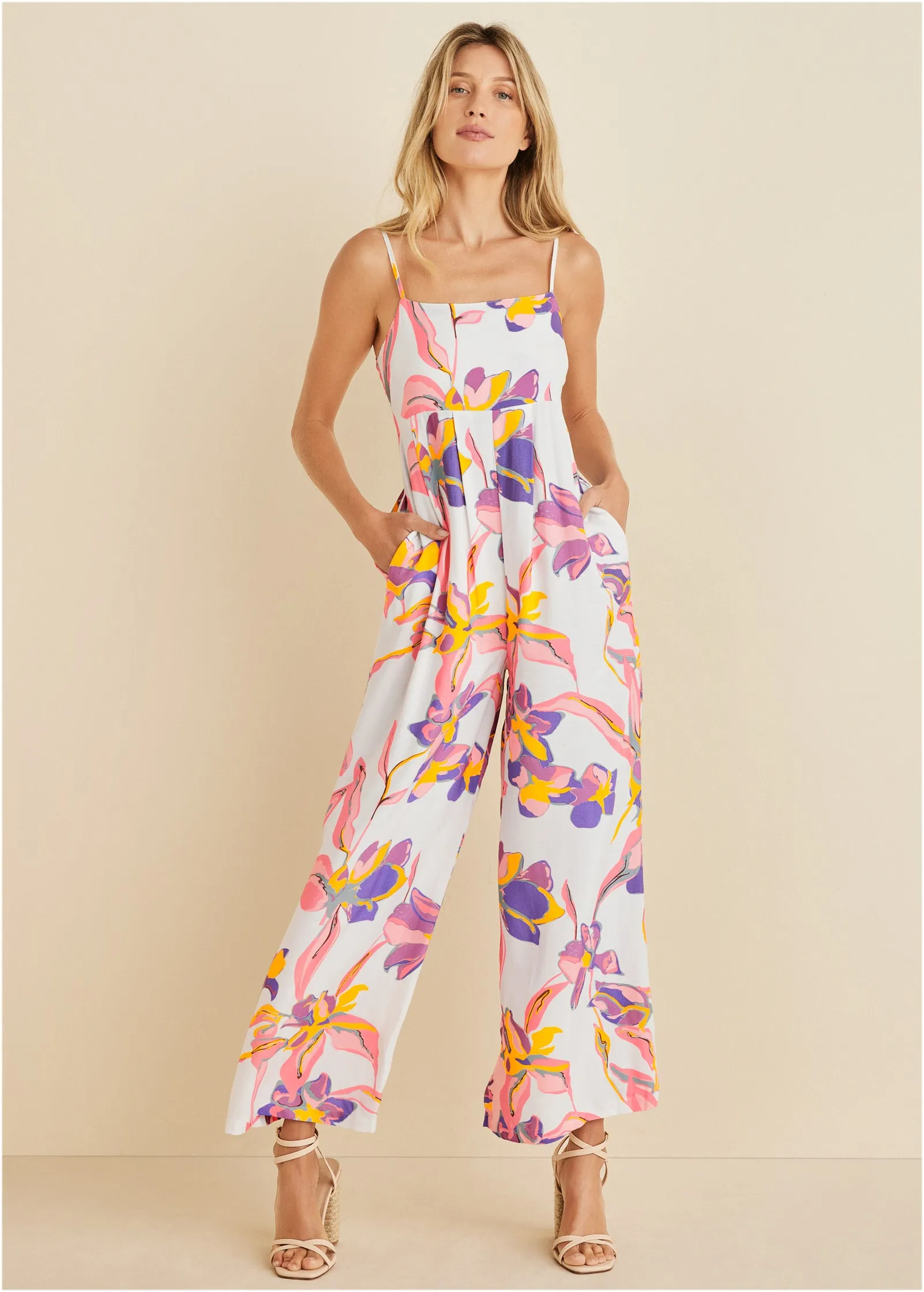 Square Neck Printed Jumpsuit - White Multi sold by VENUS
