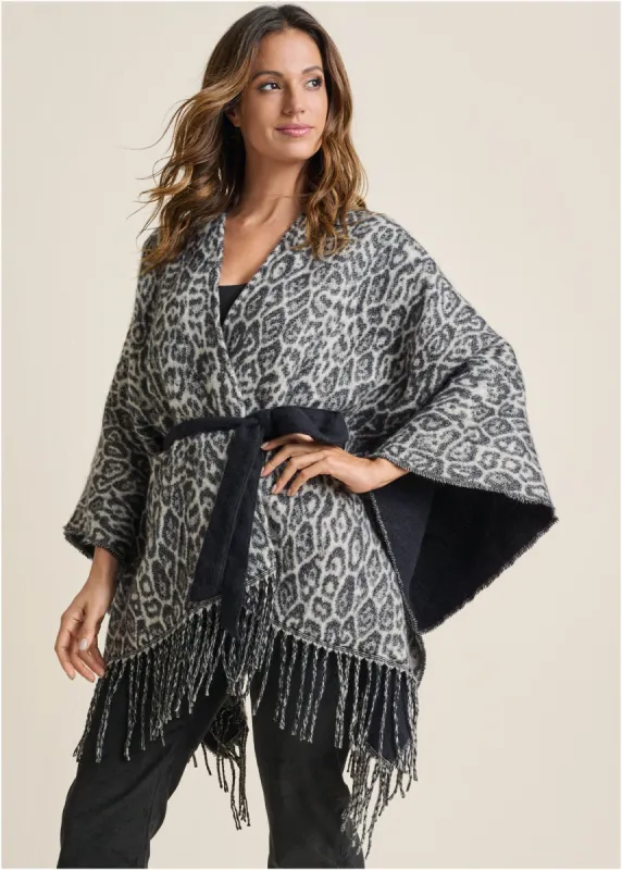 Leopard Wrap Knit Cape - Snow Leopard sold by VENUS