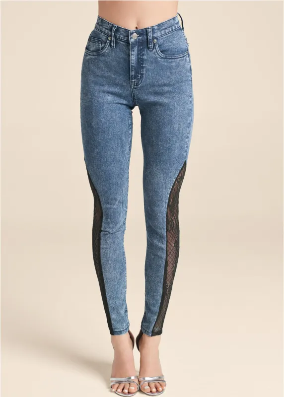 Lace Inset Skinny Jeans - Dark Wash sold by VENUS