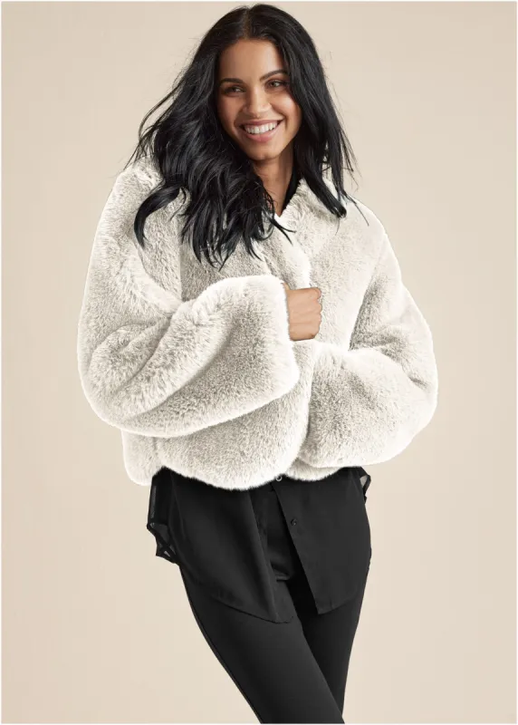 Cropped Faux Fur Coat - Off White sold by VENUS