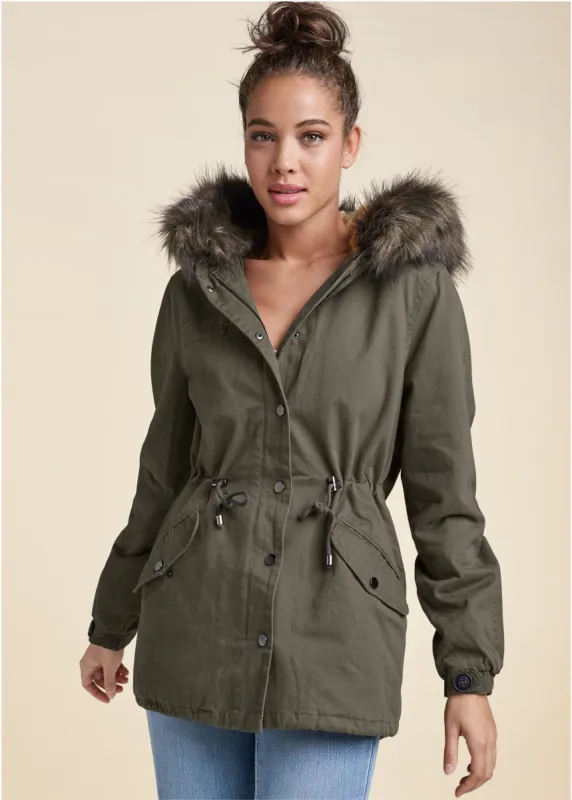 Cargo Jacket With Faux Fur Hood - Olive sold by VENUS